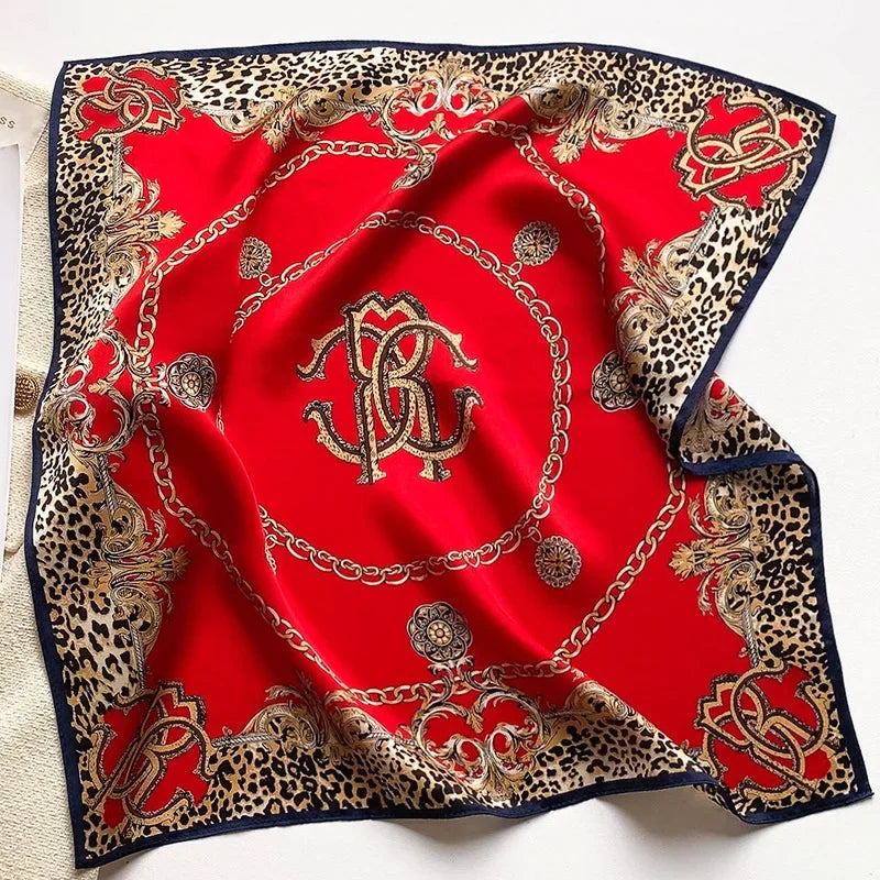 New 100% Real Silk Scarf For Woman Vintage Leopard Head Hair Scarfs Small Square Bandana Femme Office Neckerchief SD0201