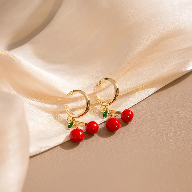 LATS Red Zircon Cherry Leaf Stud Earrings for Women Fashion Crystal Dangle Party Prom Birthday Wedding Gifts Jewelry Accessories