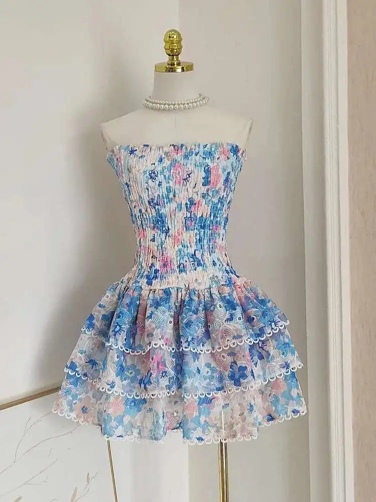 Summer Floral Sundress Holiday Halter Print Corset Short Dress Women Sexy Backless Ruffles Cake Vestidos Mini Flower Beach Robe
