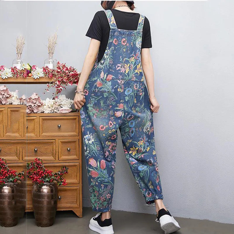 New Printed Denim Overalls Women's Spring Autumn Loose Plus Size Casual Suspender Rompers Fashion Female Jumpsuit Lantern Jeans