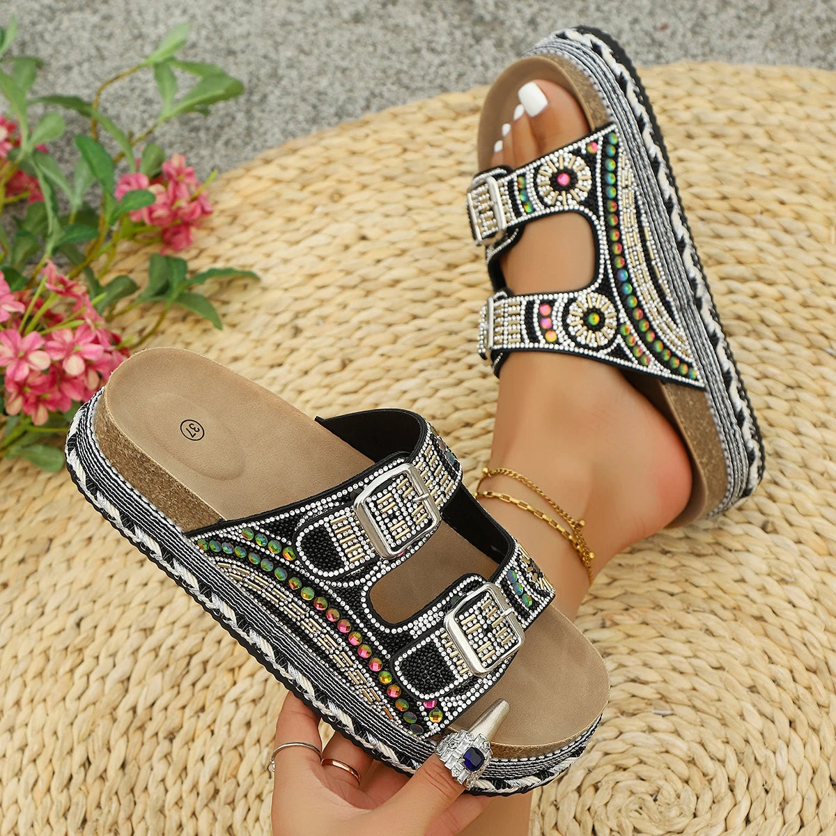 Women Slippers Rhinestone Glitter Sandals Slip-On Double Buckle Slippers Party Elegant Shoes Women Sparkling Trend Slides Women