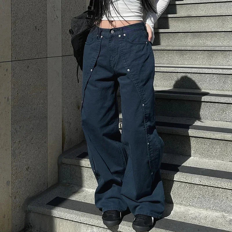 Korean Women Patchwork Baggy Jeans High Street Y2K Casual Grunge Cargo Pants Fashion Chic Rivet Detail Sweatpants 90s