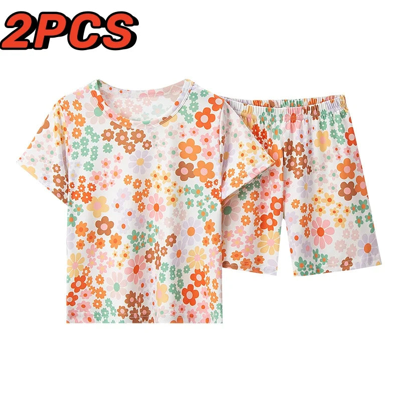 Summer CHILDREN'S Shorts and Short Sleeves 2-piece Suit Handsome Leopard Cute Floral Girl Joker Casual Suit.