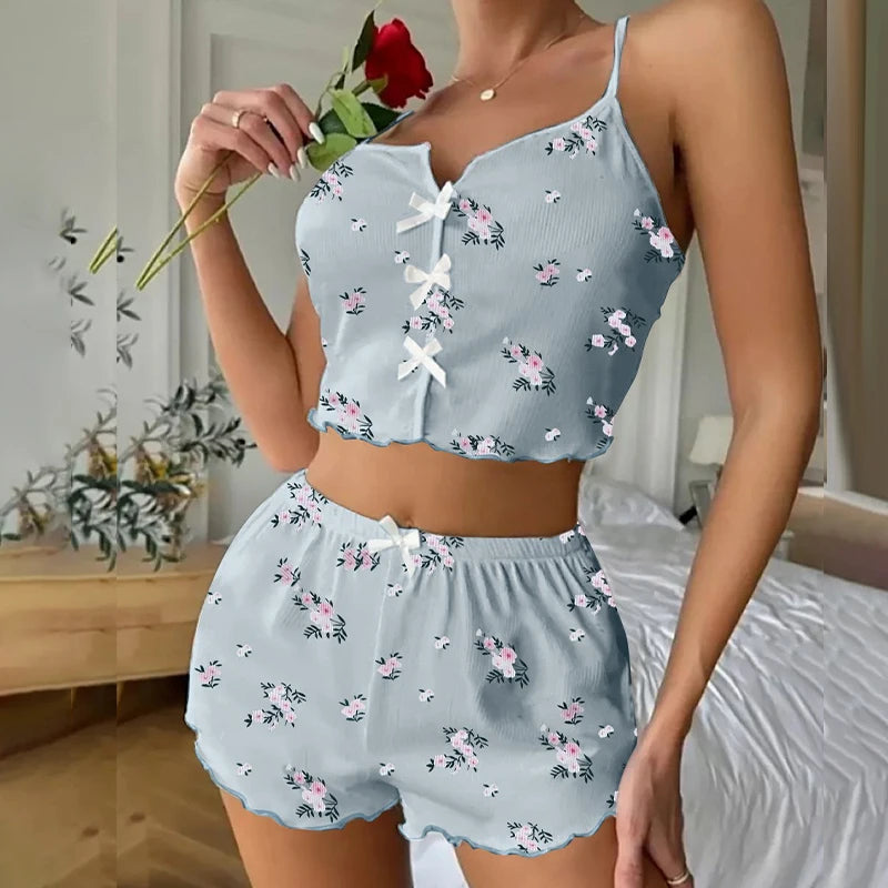 Summer Sleepwear Women Fashion Floral Print Pajama Set V Neck Cami Top Lettuce Trim Shorts Sexy Lingerie
