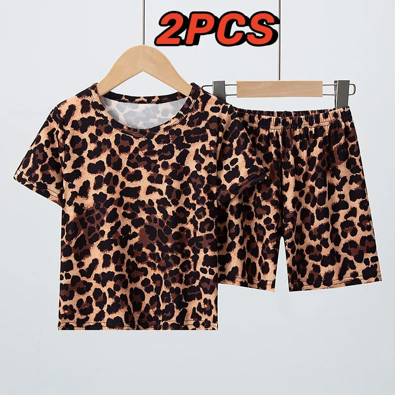 Summer CHILDREN'S Shorts and Short Sleeves 2-piece Suit Handsome Leopard Cute Floral Girl Joker Casual Suit.