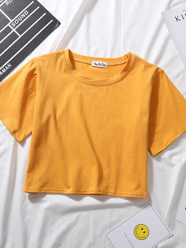 Summer Short Sleeve T Shirts Women Cotton Solid T-shirt O Neck High Waist Crop Top Tee Female Casual Loose T Shirt