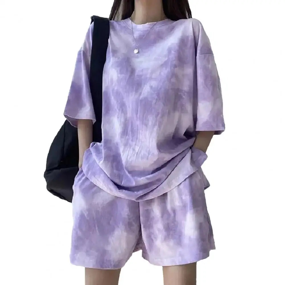 Women T-shirt Shorts Set Tie-dye Loose Short Sleeves Loose Top Elastic Waist Mini Shorts Casual Sport Daily Wear Top Pants Set