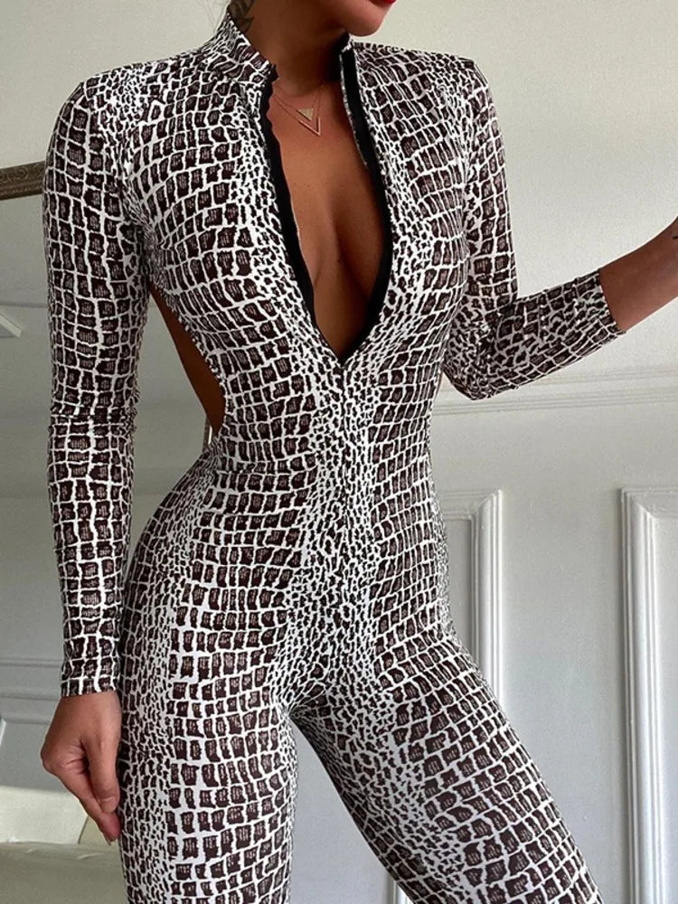 Krisnanas Women's Crocodile Print Stand Collar Zipper Backless Bodycon Jumpsuit Sexy Party Catsuit for Clubwear & Festival