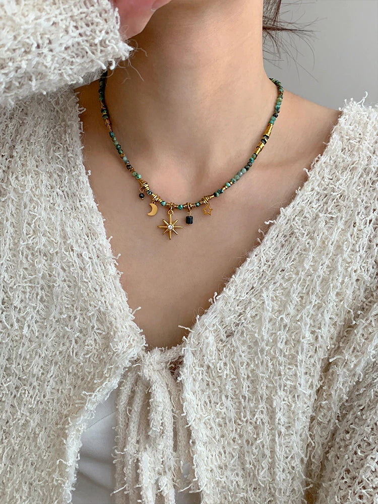 Peri'sbox New Multi-layer Acrylic Beaded Star Moon Starburst Charm Necklace for Women Bohemian Fashion Girl Summer Jewelry Gifts