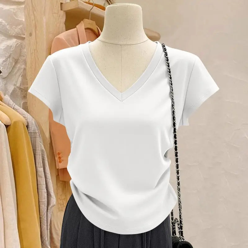 Summer irregular T-shirt women's V-neck curved hem casual breathable simple trend slim fit spicy girl sexy short sleeved shirt