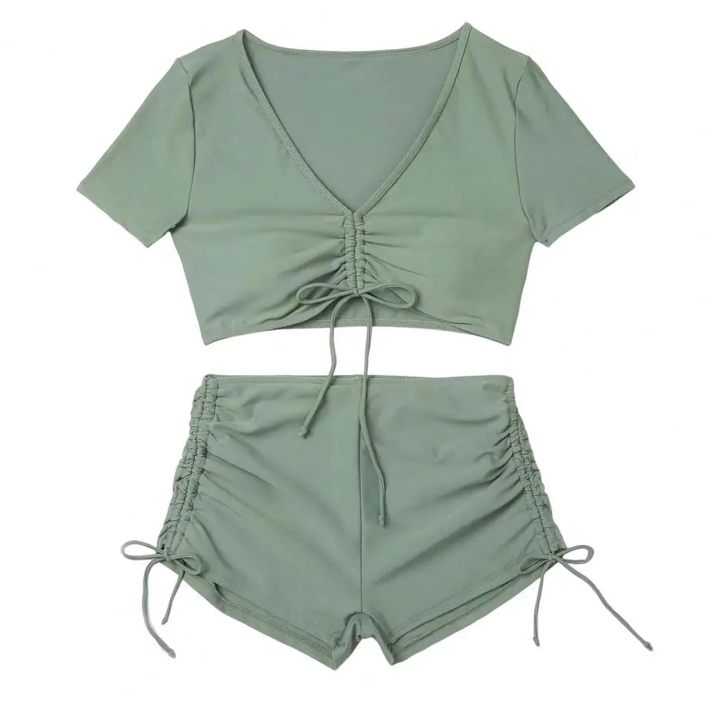 Solid Color Swimwear Stylish Women's Summer Bikini Set with V-neck Short Sleeve Tops High Waist Drawstring Swimming for Beach