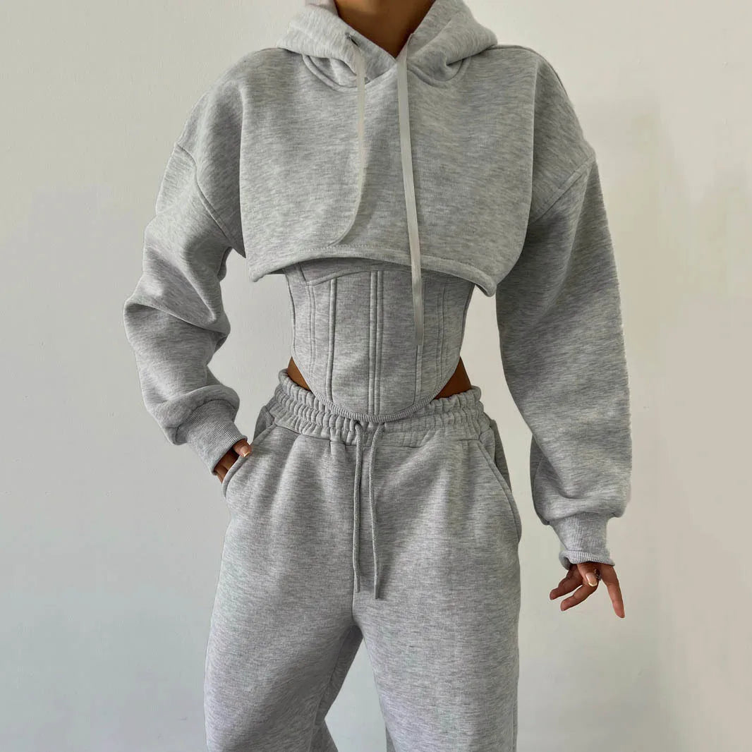 Women's Casual Sweatpants Set Belted Hooded Short Hoodie Corset Three-Piece Autumn Winter Comfortable Polyester plus Size