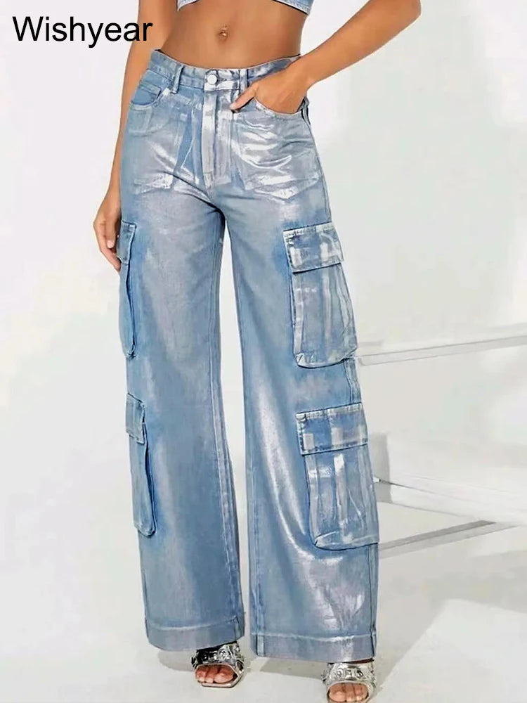Hot Silver Stretch Denim Cargo Pants Women High Waist Streetwear Hip Hop Trousers Female Big Pockets Baggy Jeans Sweatpants y2k