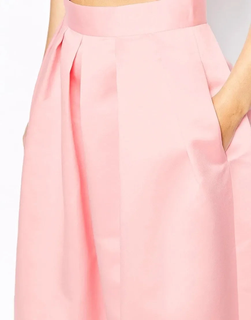 Graceful Pink Satin Skirts 2025 A Line Chic Invisible Zipper Waist Pleated Skirt High Quality Tea Length Lady Fashion Skirts