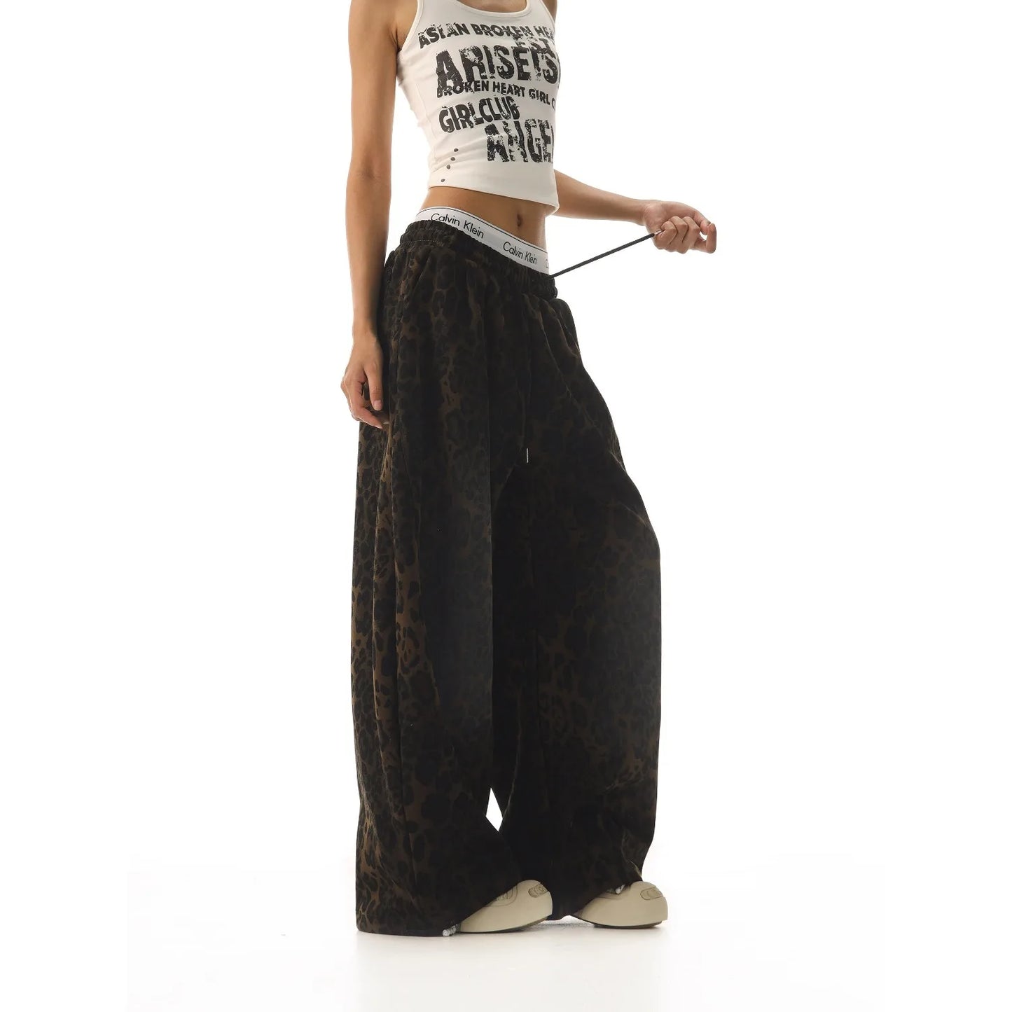 Y2K American Retro Pants Women Washed Leopard Print Spicy Girl Loose Slimming Wide Leg Versatile Casual Fashion