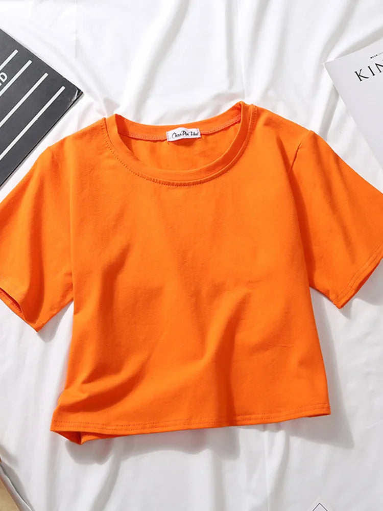 Summer Short Sleeve T Shirts Women Cotton Solid T-shirt O Neck High Waist Crop Top Tee Female Casual Loose T Shirt