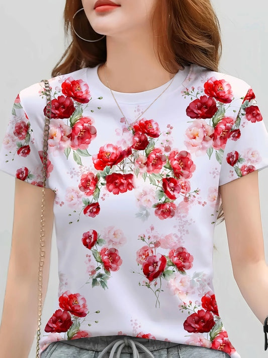 Women's Tee - Red & Pink Floral Pattern Graphic, Elegant Watercolor Garden Design for Casual Daily Wear