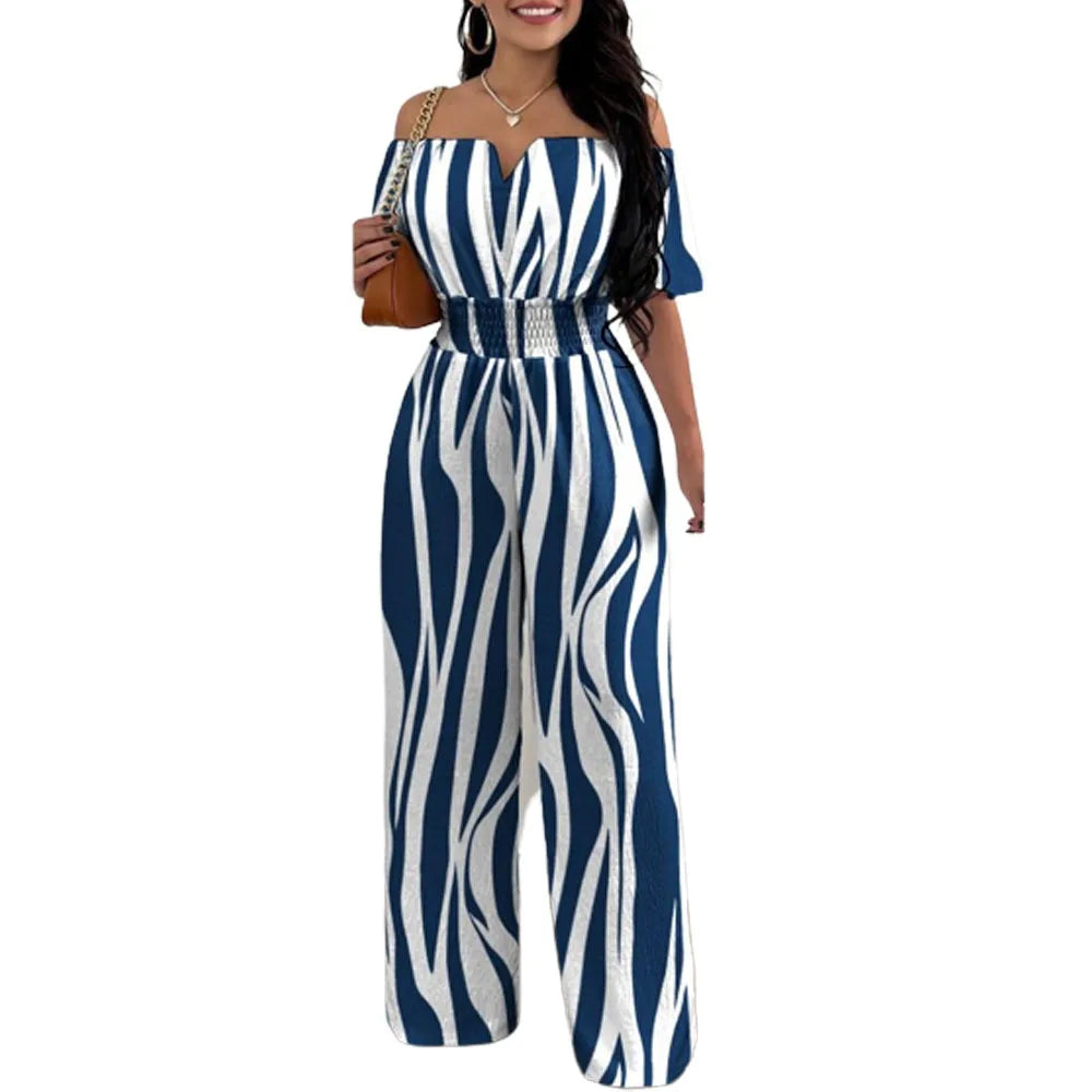 Lady Print High Waist Jumpsuit Sexy Off Shoulder Short Sleeve Wide Leg Pants Jumpsuits Women Fashion Casual Summer Women Clothes