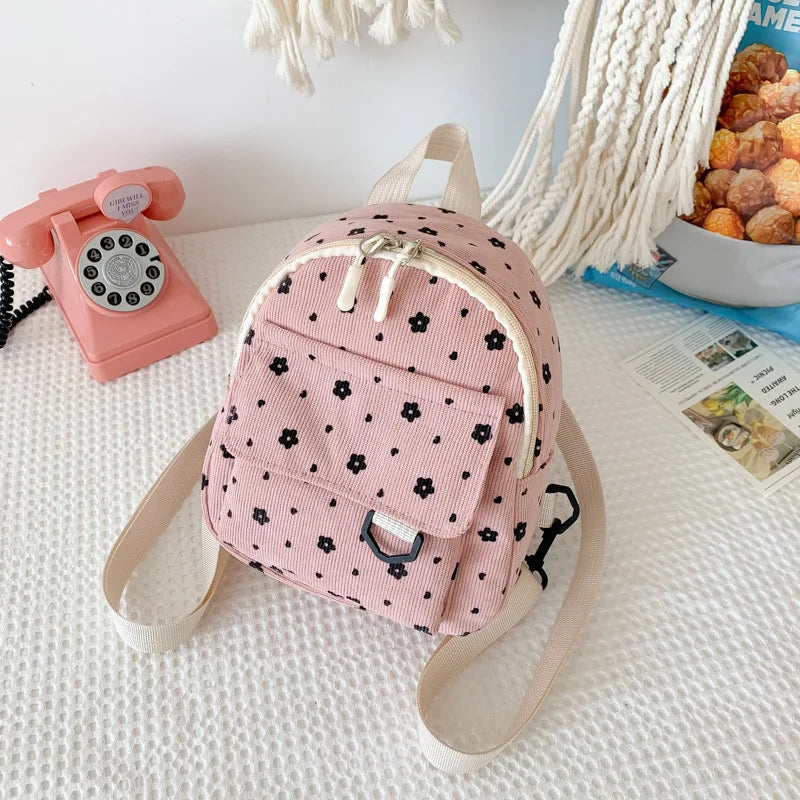 Cute Small Flowers Corduroy Mini Backpack Women's Lightweight Backpacks Large Capacity Travel Rucksack Student School Baskpack