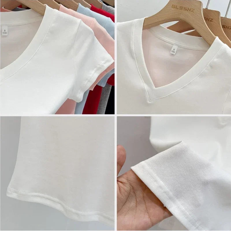 Summer Sexy V-neck Slim T Shirt Women Cotton Basic Solid Crop Tops Female Casual Tops Short Sleeve T-shirts 2026