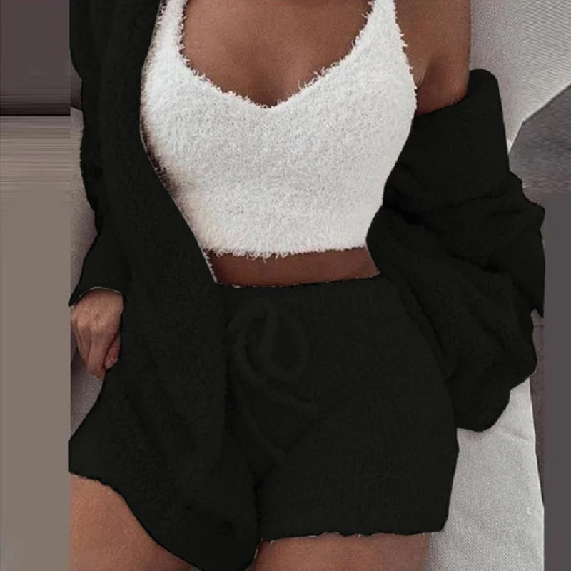 Plush Home Fluffy Pajamas Suit Women's Casual Pajamas Vest Shorts Plus Size Hoodie Casual Jumpsuit Winter Three-piece Pajamas