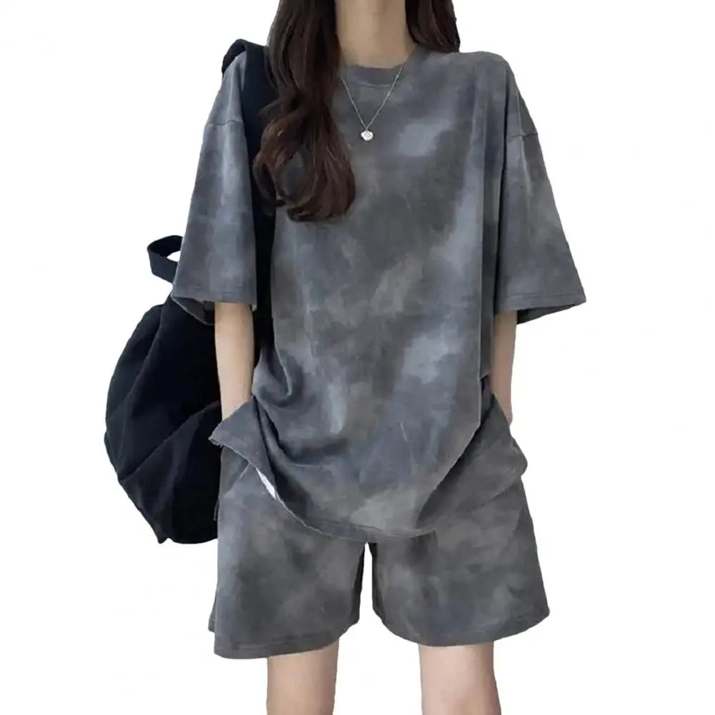 Women T-shirt Shorts Set Tie-dye Loose Short Sleeves Loose Top Elastic Waist Mini Shorts Casual Sport Daily Wear Top Pants Set