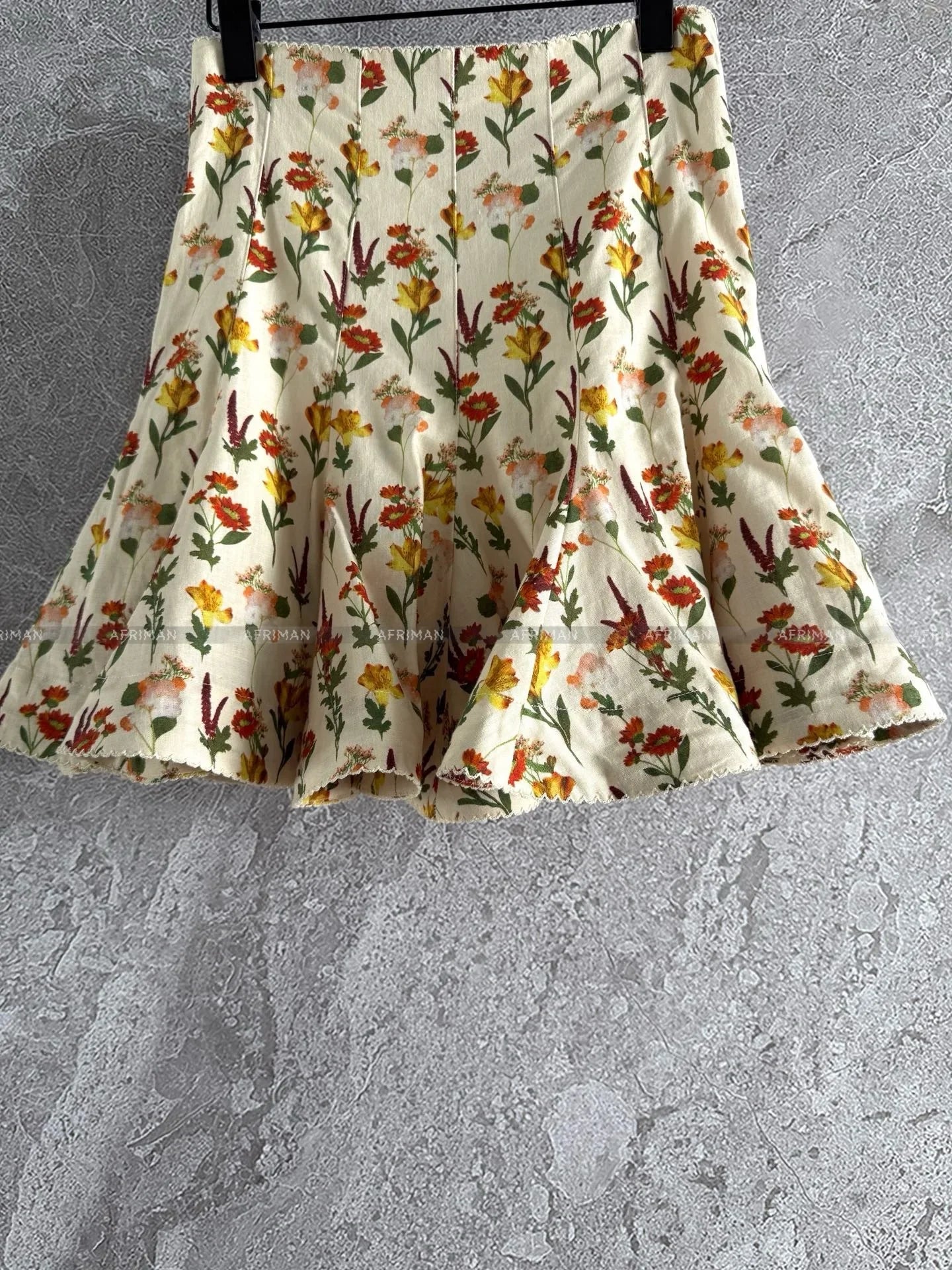 Women Flower Printed Ruffles Collar Sleeveless Linen Camisole Top + Lace Edge Trumpet Mini Skirt Set