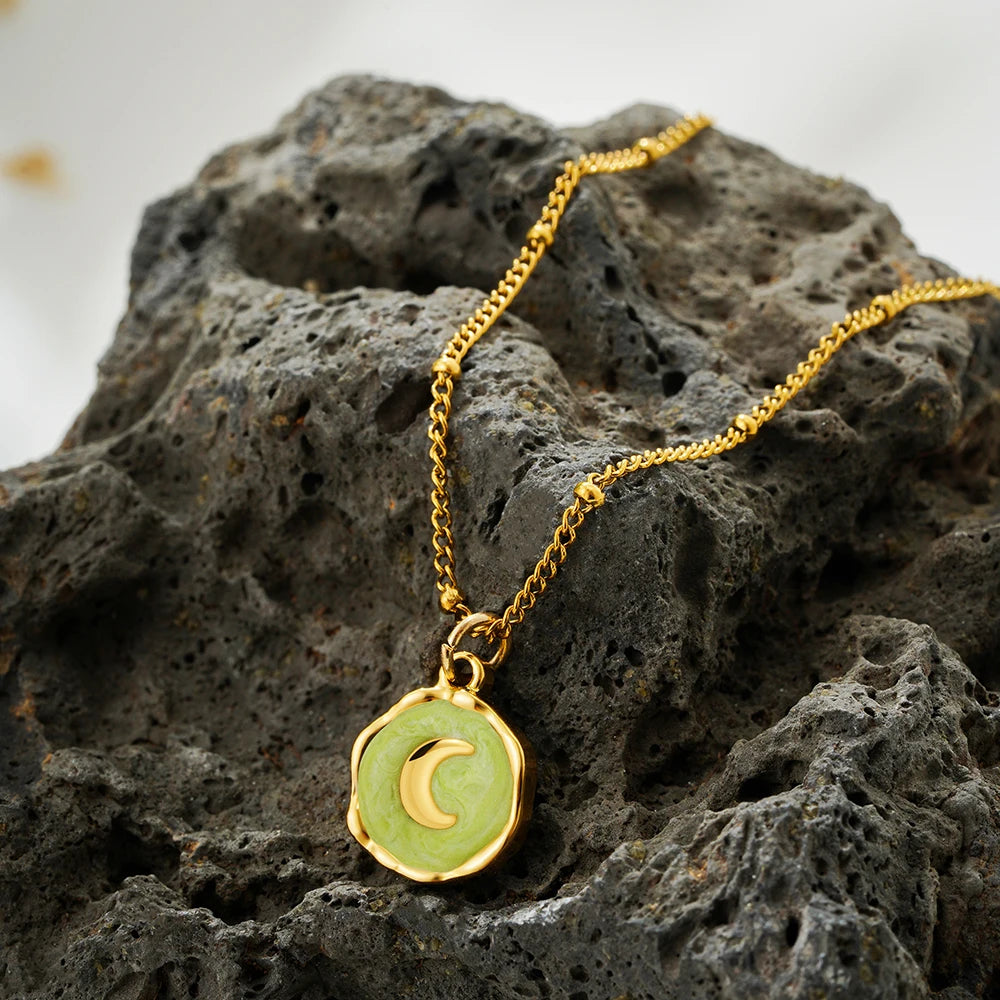 Punk Geometric Irregular Enamel Colorful Natural Stone Pendant Necklace for Women Stainless Steel Cross Heart Opal Choker Gifts