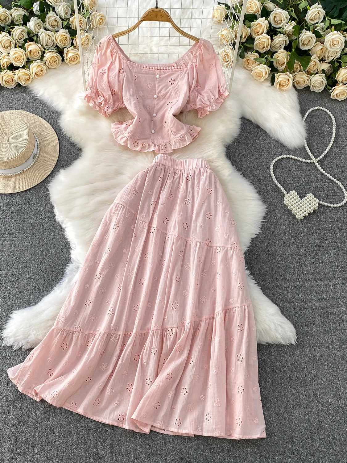 Pink Gentle Wind Square Collar Bubble Sve irt ort ter Top Hook Flower Hollow out f Skirt Set Women's Faion Spr...