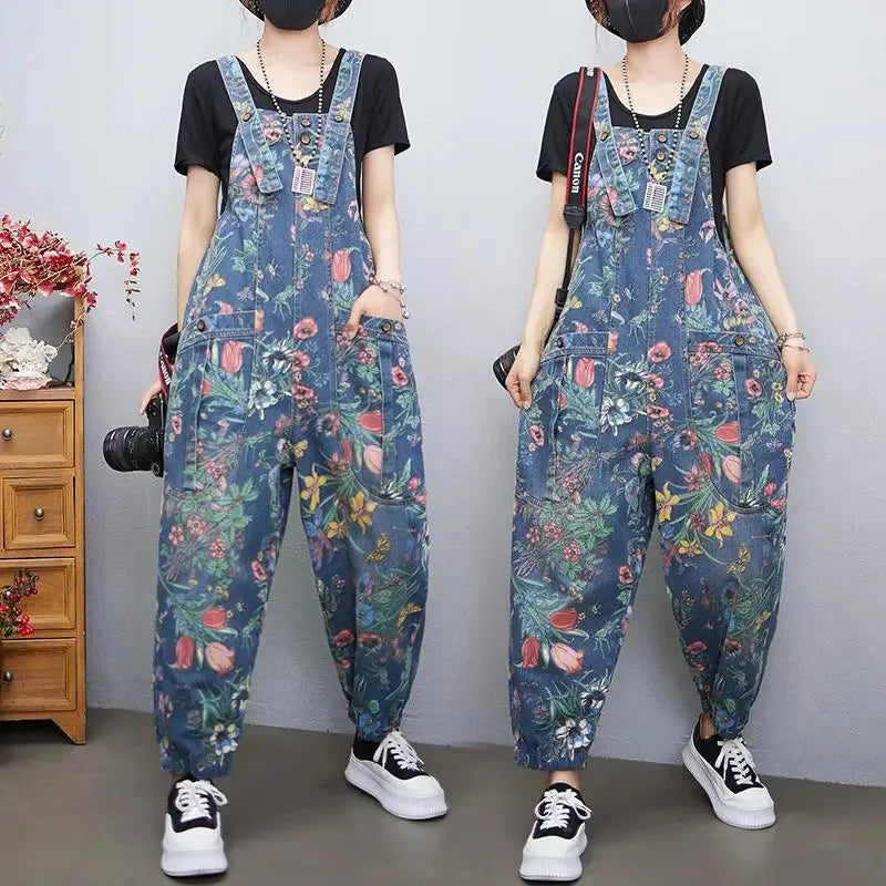 New Printed Denim Overalls Women's Spring Autumn Loose Plus Size Casual Suspender Rompers Fashion Female Jumpsuit Lantern Jeans