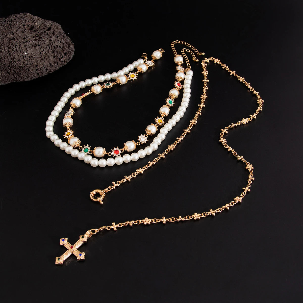 SHIXIN 3 Pcs Trendy Imitation Pearl Rhinestone Flower Long Tassel Necklace for Men Vintage Cross Pendant Necklace Neck Jewelry