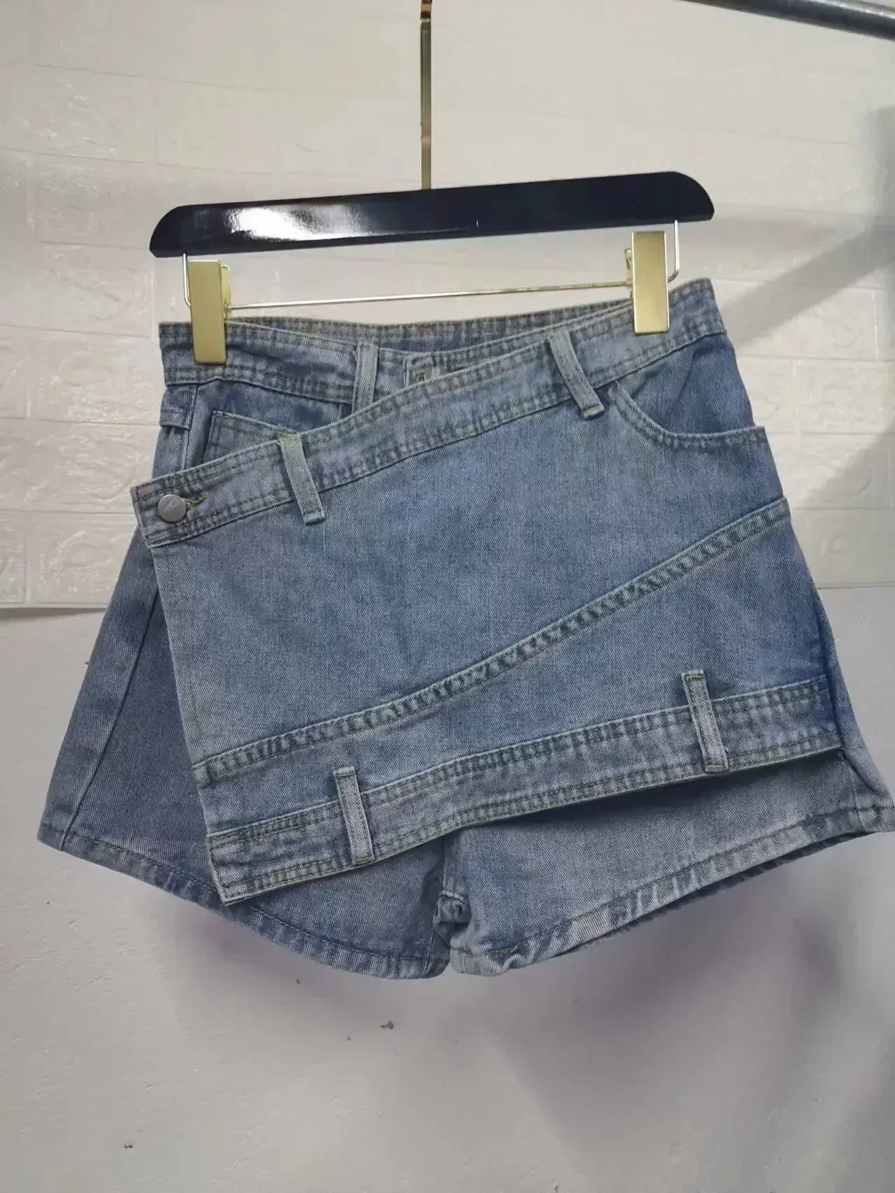 Women Fashion Denim Mini Skort Rave Street Wrap Stretch Irregular A-Line Skinny Cargo Jean Shorts Mujer