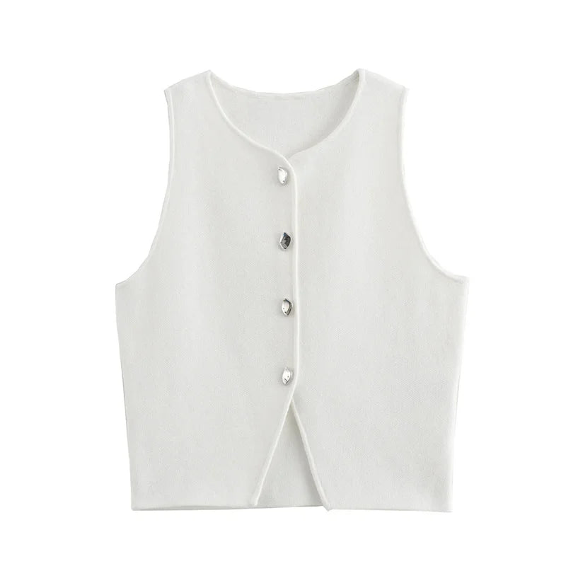 MUJER Cropped Knit Vest Women Cardigan White Sleeveless Vest Woman Fashion Button Knitted Sweater Vest Female Summer Short Tops