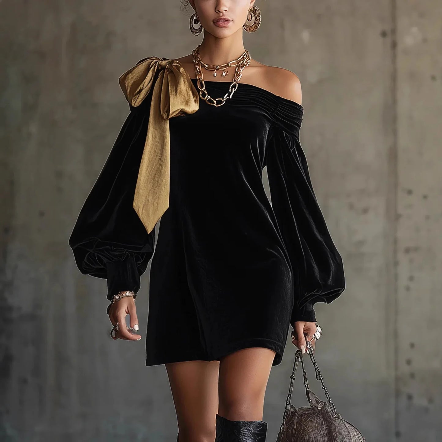 Cocktail Party Off The Shoulder Lantern Sleeve Long Sleeve Bow Tie Vintage Velvet Mini Dresses Autumn Winter Elegant Party Dress
