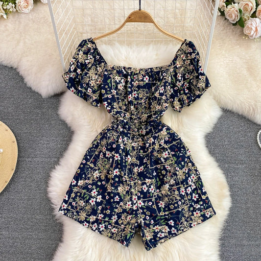 Summer Y2k Vintage Short Jumpsuit Women Fashion Embroidery Floral Short Sleeve High Waist Wide Leg Playsuits Elegant Sexy Romper