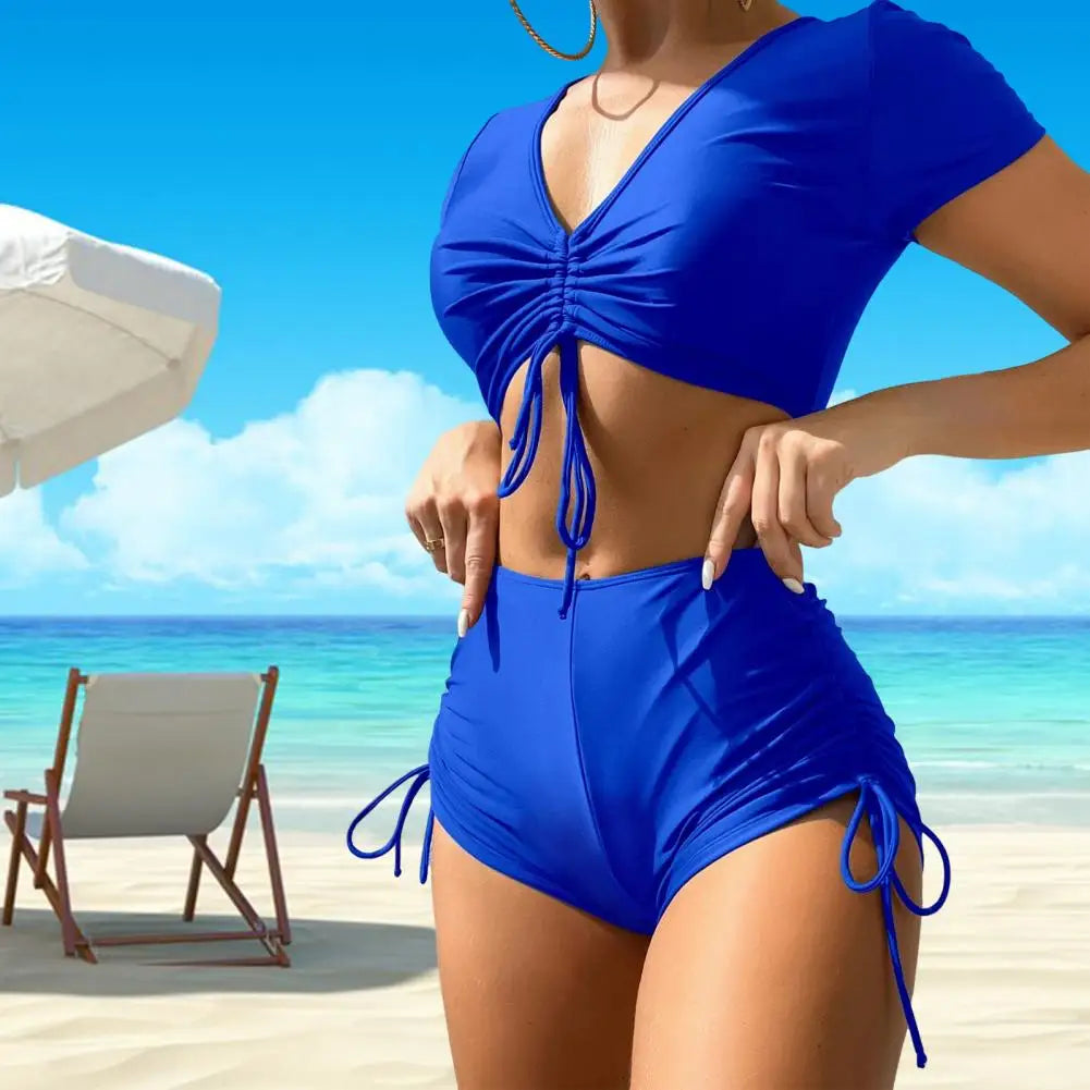 Solid Color Swimwear Stylish Women's Summer Bikini Set with V-neck Short Sleeve Tops High Waist Drawstring Swimming for Beach