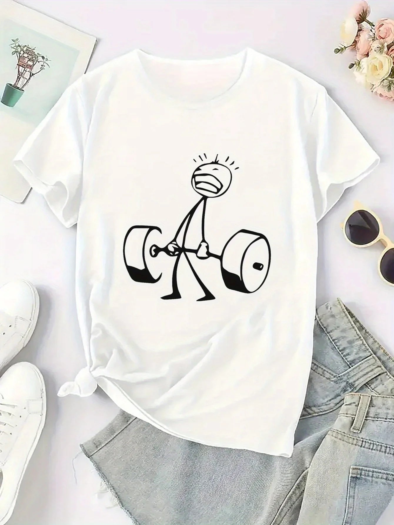 T-Shirt - White Graphic Print Tee with Dumbbell Design for Gym & Casual Wear Summer Short Sleeved Harajuku Streetwear Tops Tees