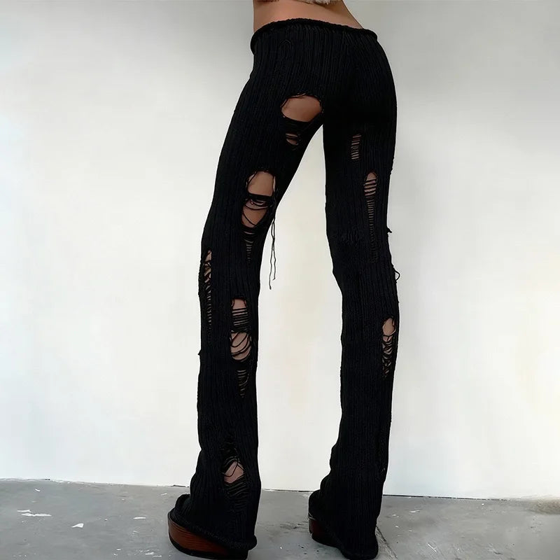 Punk Sle Bell Bot Pants Knitted Wool Slim Fit Hole Design Sexy Girl Streetwear Long Trousers Low Waist for Women And Girls