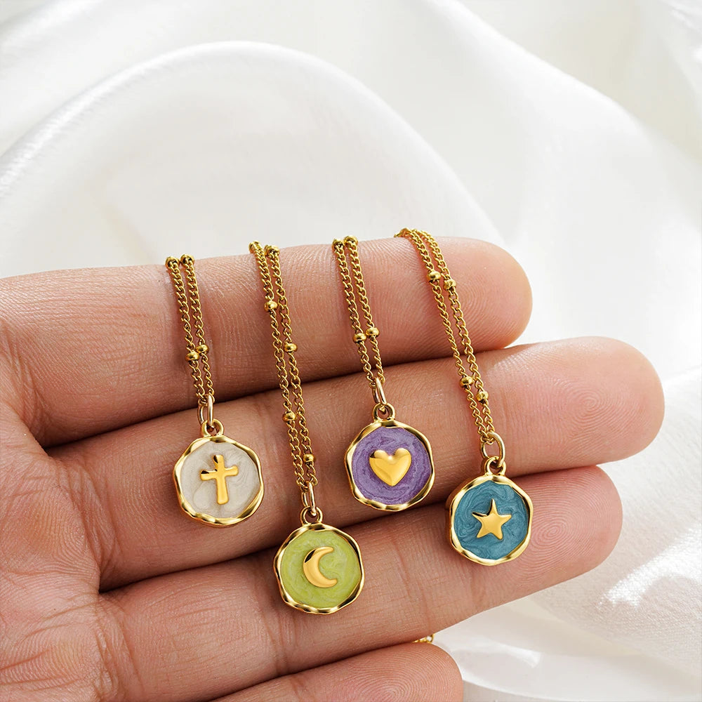 Punk Geometric Irregular Enamel Colorful Natural Stone Pendant Necklace for Women Stainless Steel Cross Heart Opal Choker Gifts