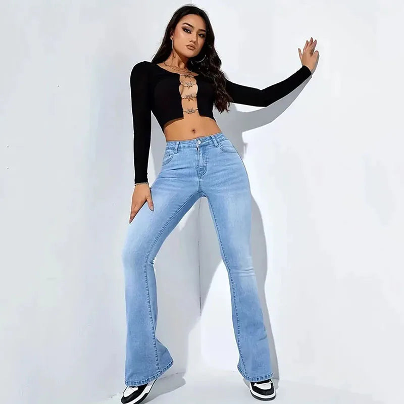 Lucyever Women's Denim Flare Pants Vintage Americana Streetwear Slim Y2K Punk Jeans Women Classic High Waist Wide Leg Trousers