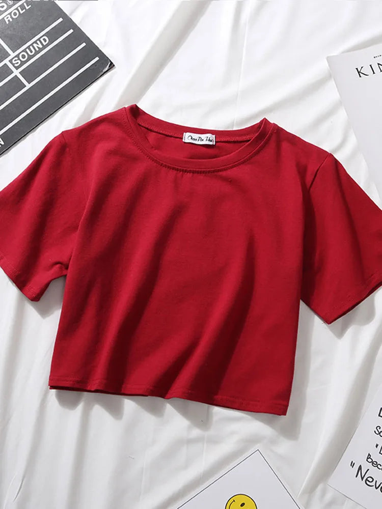 Summer Short Sleeve T Shirts Women Cotton Solid T-shirt O Neck High Waist Crop Top Tee Female Casual Loose T Shirt