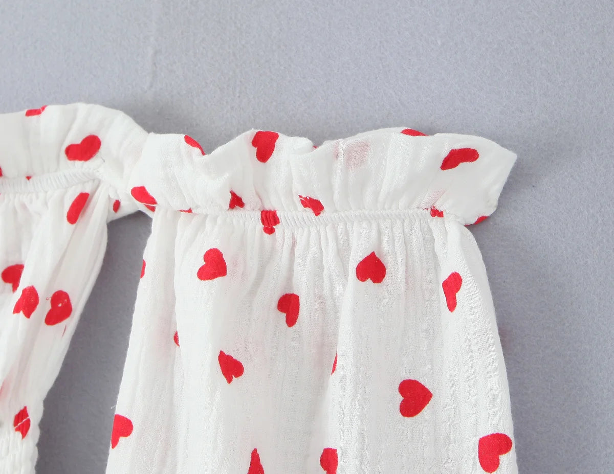 Sexy White Red Heart Print Wood Ears Slash Shoulder Full Puff Sleeve Mini Dress Women Slim Elastic Waist Swing A-line Short Robe
