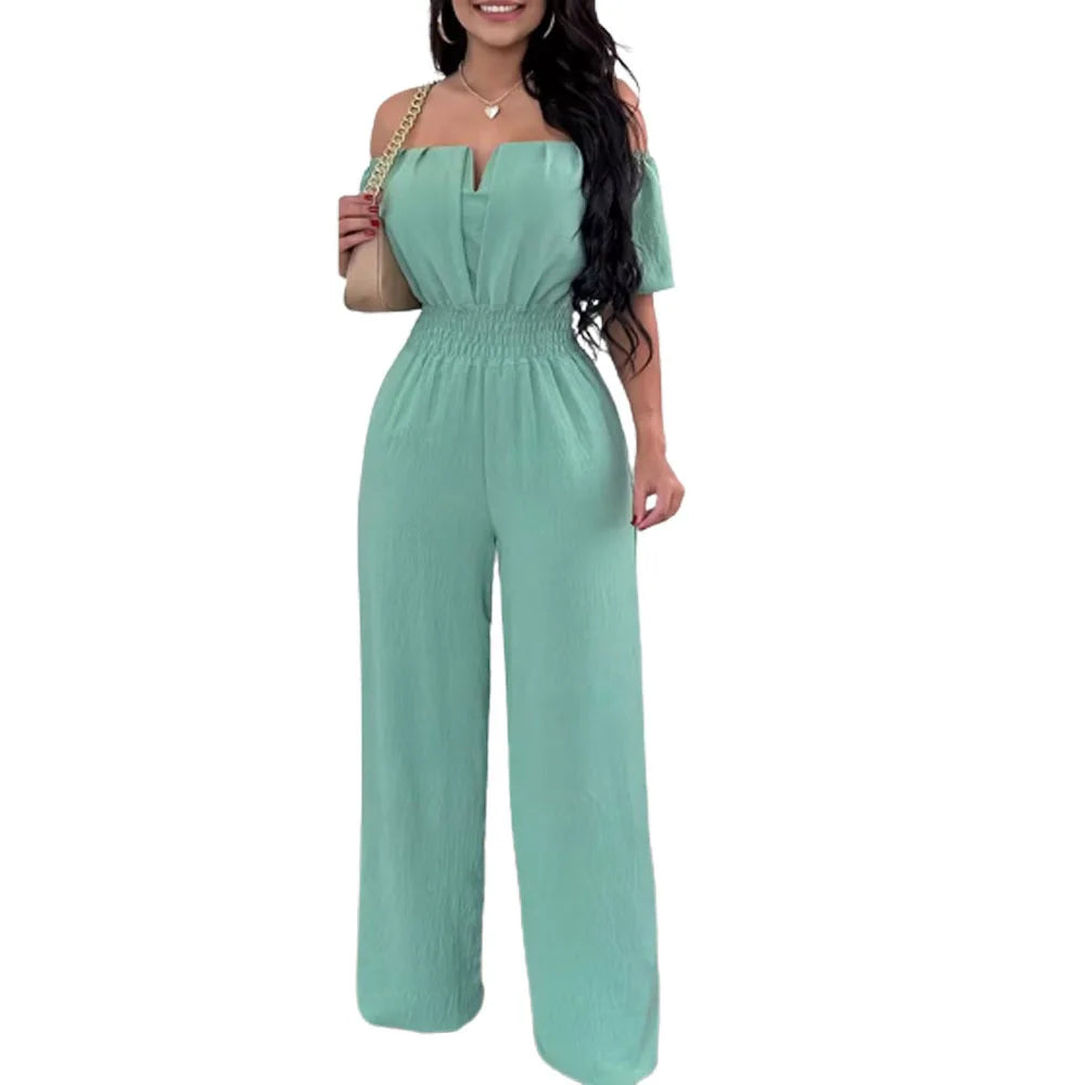 Lady Print High Waist Jumpsuit Sexy Off Shoulder Short Sleeve Wide Leg Pants Jumpsuits Women Fashion Casual Summer Women Clothes