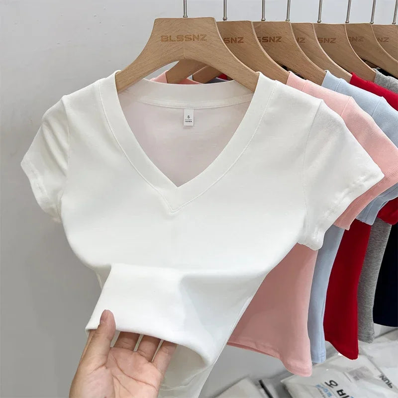 Summer Sexy V-neck Slim T Shirt Women Cotton Basic Solid Crop Tops Female Casual Tops Short Sleeve T-shirts 2026