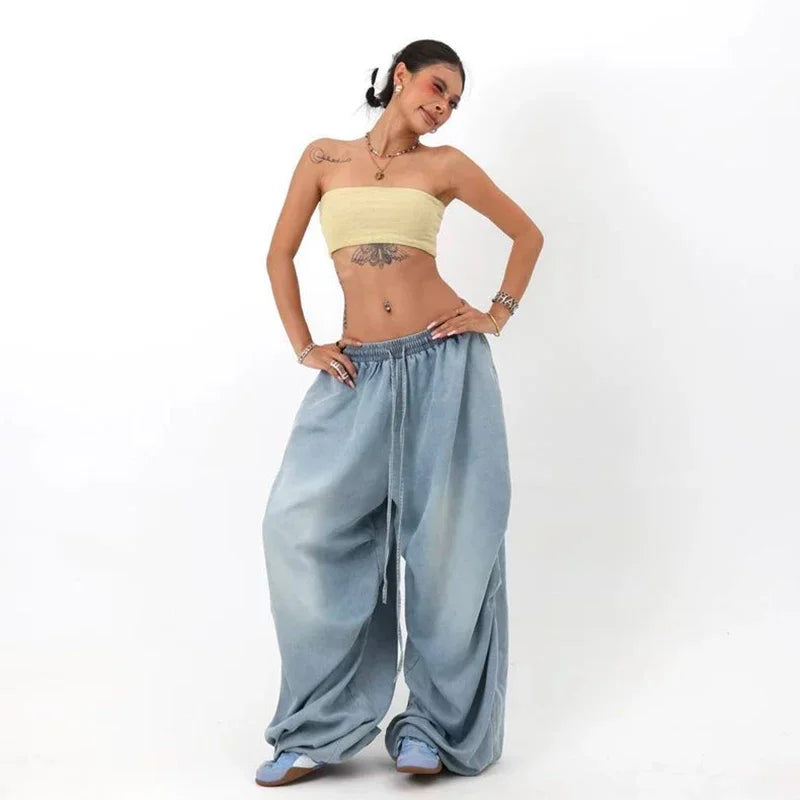 Autumn Oversized Women Wide Leg Jeans Y2K Hip Hop Streetwear Loose Denim Pants High Waist Drawstring All Match Straight Trousers