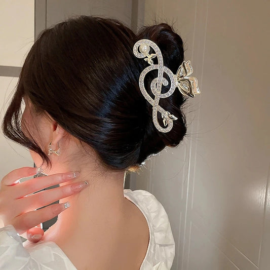 Vintage Elegant Rhinestone Pearl Note Hair Clip Luxury Clef Shape Shark Clip Women Metal Ponytail Hair Accessory Tiara New