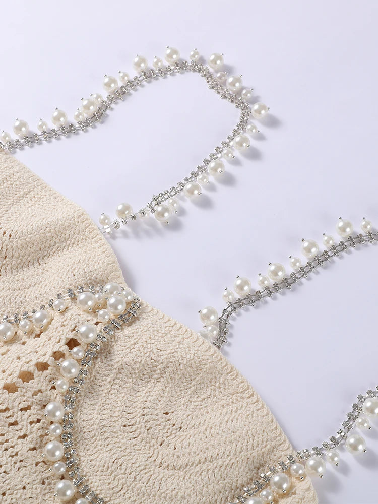 Beach Pearl Knit Crop Vest Shorts Sets Women Slim Hollow Sleeveless Backless Tops Lace Up Short Pants 2026 Summer Sexy Outfits