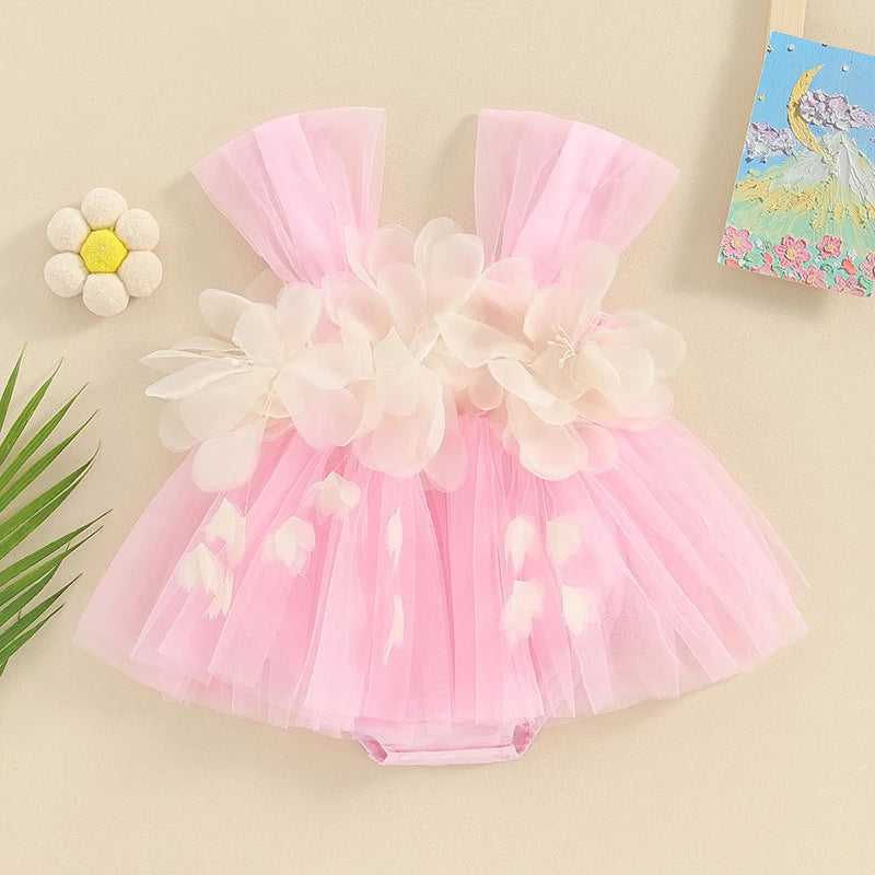 Summer Infant Baby Girls Rompers Dress Sleeveless 3D Flower Decor Tulle Patchwork Newborn Infant Jumpsuit Toddler Clothes