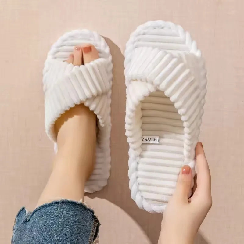 Women's Home Slippers Fashion Corduroy Cross Women's Sandals Winter Warm Plush Slides Indoor Flat Soft Sole Light Female Shoes