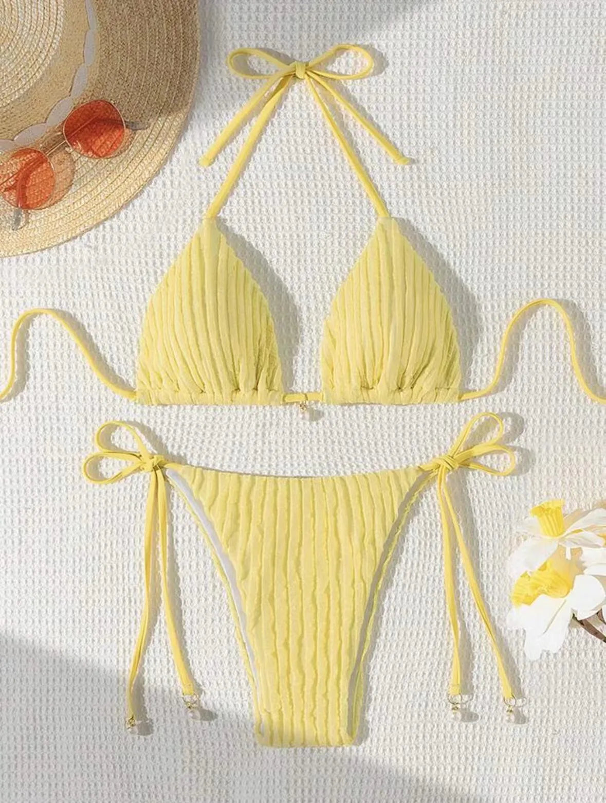 sexy milky ribbed halter micro mini bikini sets two pieces tie women thong swimsuit female bathing suit swimwear biquini